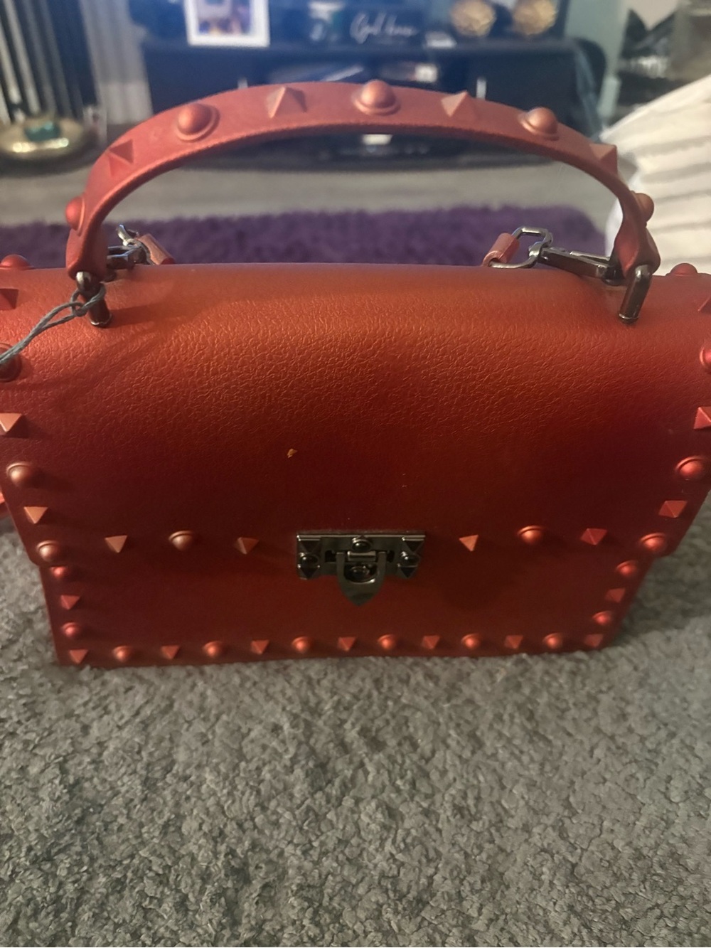 Studded Top-Handle Women's Bag in Metallic Red